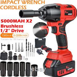 18V Brushless Electric Impact Wrench 1/2 Driver Cordless Drill with 2 Battery