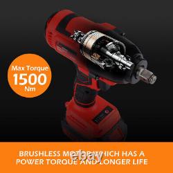 18V Cordless Impact Wrench 1/2 1500Nm High Torque Brushless Drill 2 Battery Set