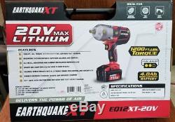 20V Max Lithium 1/2 Cordless Xtreme Torque Impact Wrench Kit Earthquake XT
