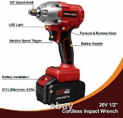 2pc Batteries Rechargeable Cordless Brushless Motor Impact Wrench Driver Kit 20V