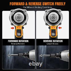 Cordless Brushless Electric Impact Wrench 1/2'' Driver Li-ion Battery High Power