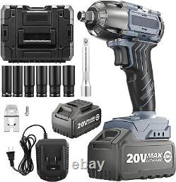 Cordless Electric Impact Wrench Gun 1/2'' High Torque 650Nm With6Socket & 2Battery