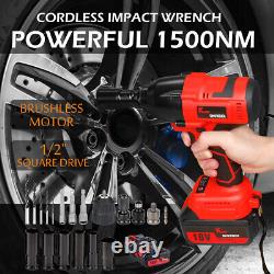 Cordless Impact Wrench 1/2 Driver 1500Nm Ratchet Nut Gun 2 Battery Sockets Set