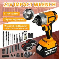 Electric Impact Wrench Cordless Brushless 1/2 520Nm Torque Drill with Battery W