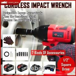 For Car 800Nm Cordless Electric Impact Wrench 1/2 Brushless Driver 2 Batteries