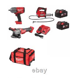 Milwaukee 18v 3 Piece Kit m18gg Grease Gun, Angle Grinder, 1/2 Impact Wrench