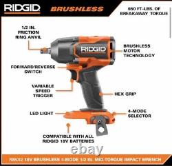 RIDGID 18V Brushless Cordless 4-Mode 1/2 in Mid-Torque Impact Wrench (Tool Only)