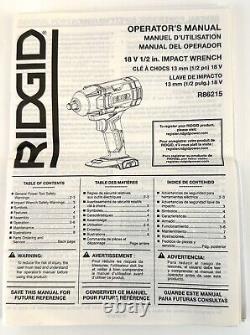 Ridgid 18V 1/2 in Impact Wrench Kit With 4 Ah Battery And Charger Model R86215K