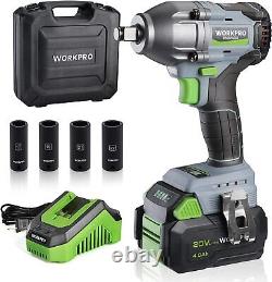WORKPRO Cordless Impact Wrench 1/2 inch, 20V Brushless with4.0 Ah Battery&Case NEW